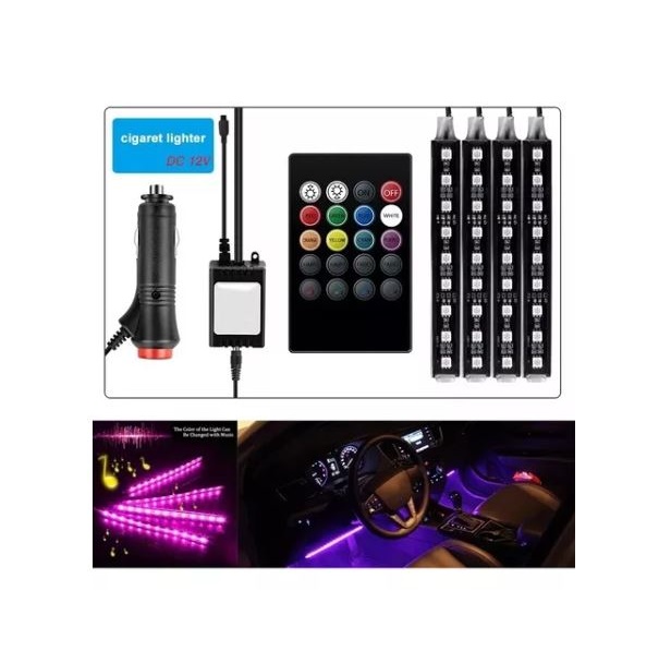 4 tiras Led  interior vehículo conexión cigarrera