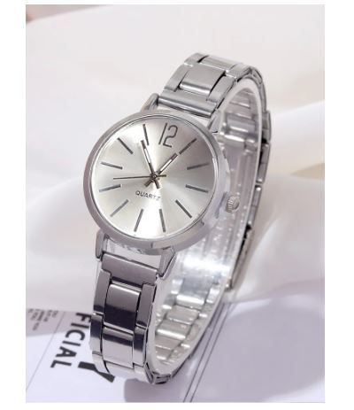 Reloj de cuarzo con correa de acero plateado + Pulsera para mujer.