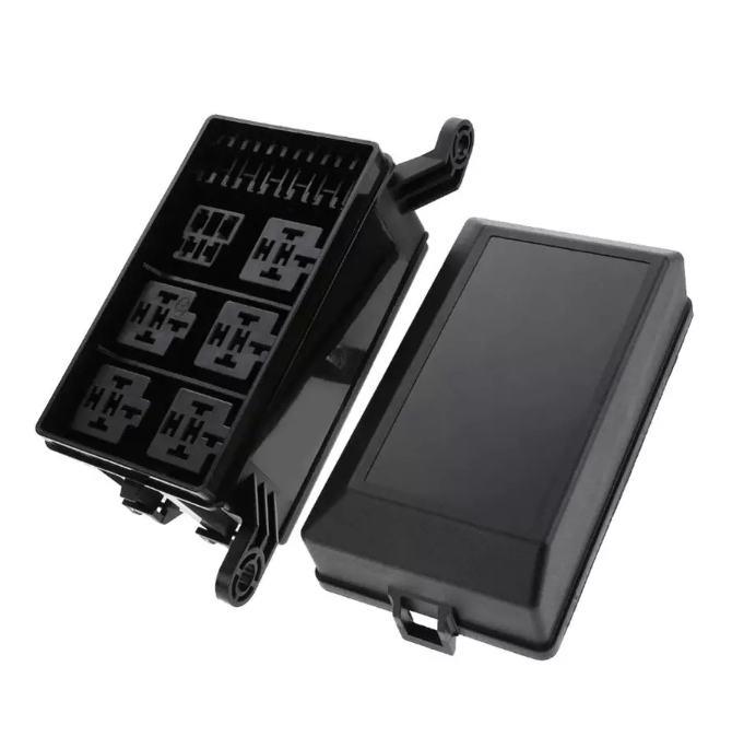 Caja de relay universal 12 ranuras con fusible , conectores y fundas para cableado.